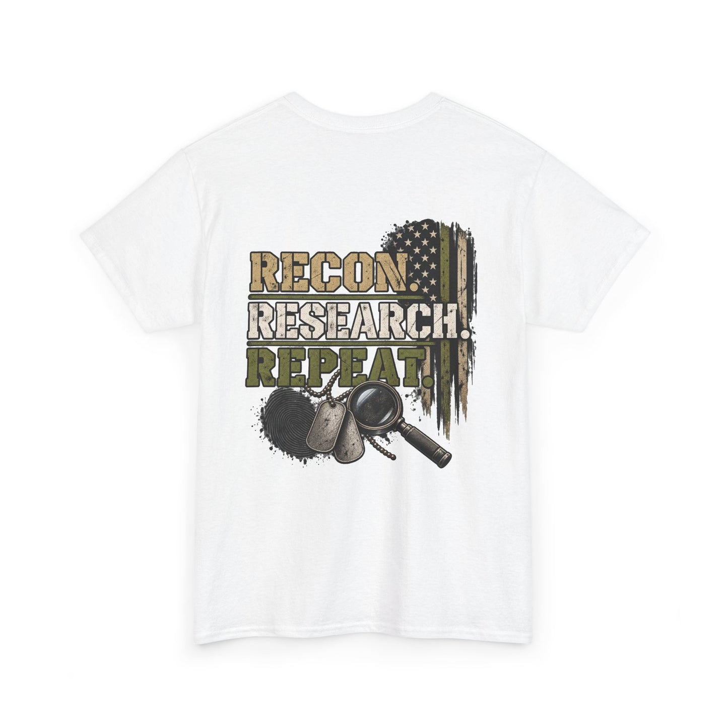 Recon Research Repeat T-Shirt — Military Recon & Magnifying Glass Graphic Tee