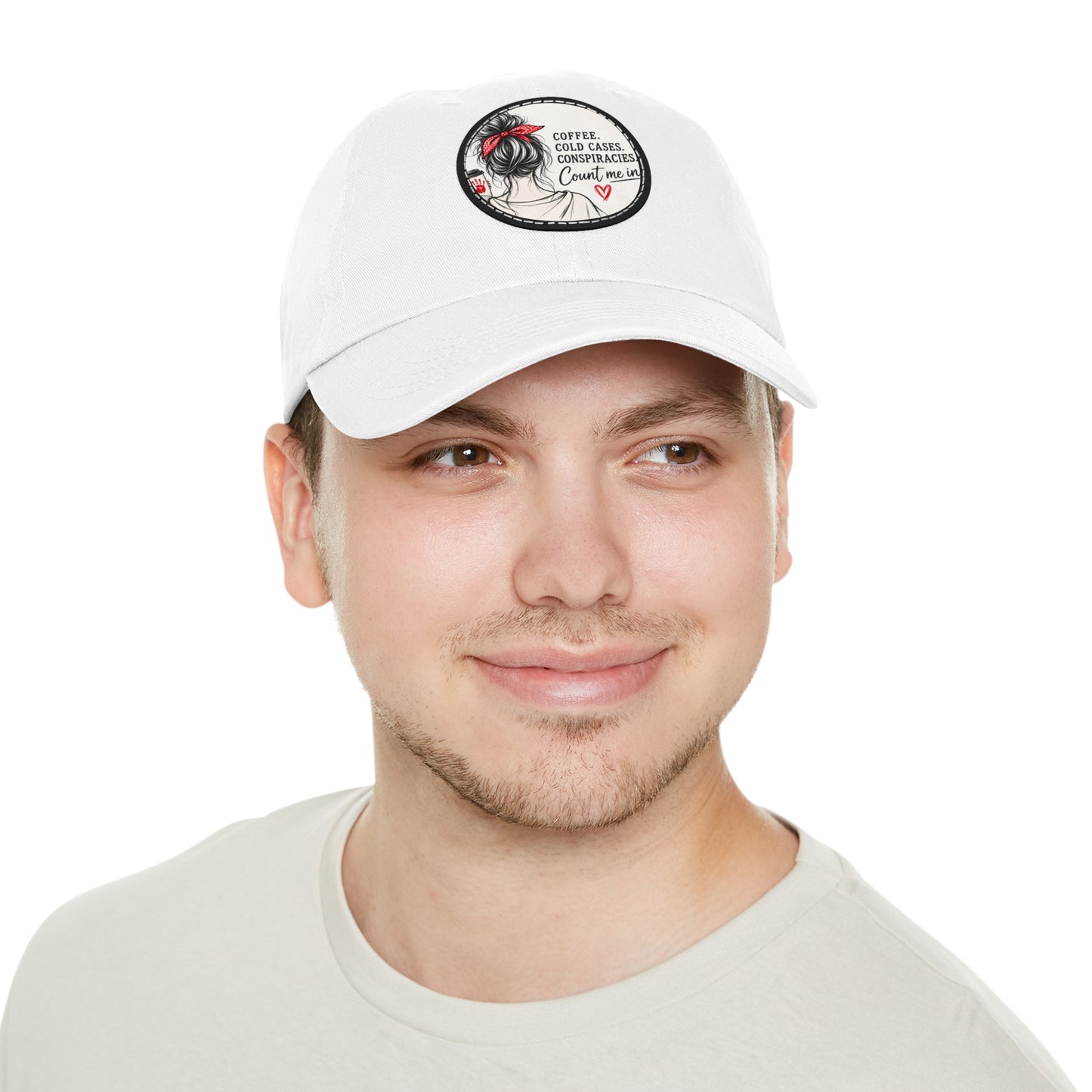 Dad Hat — “Coffee, Cold Cases, Conspiracies” Round Leather Patch