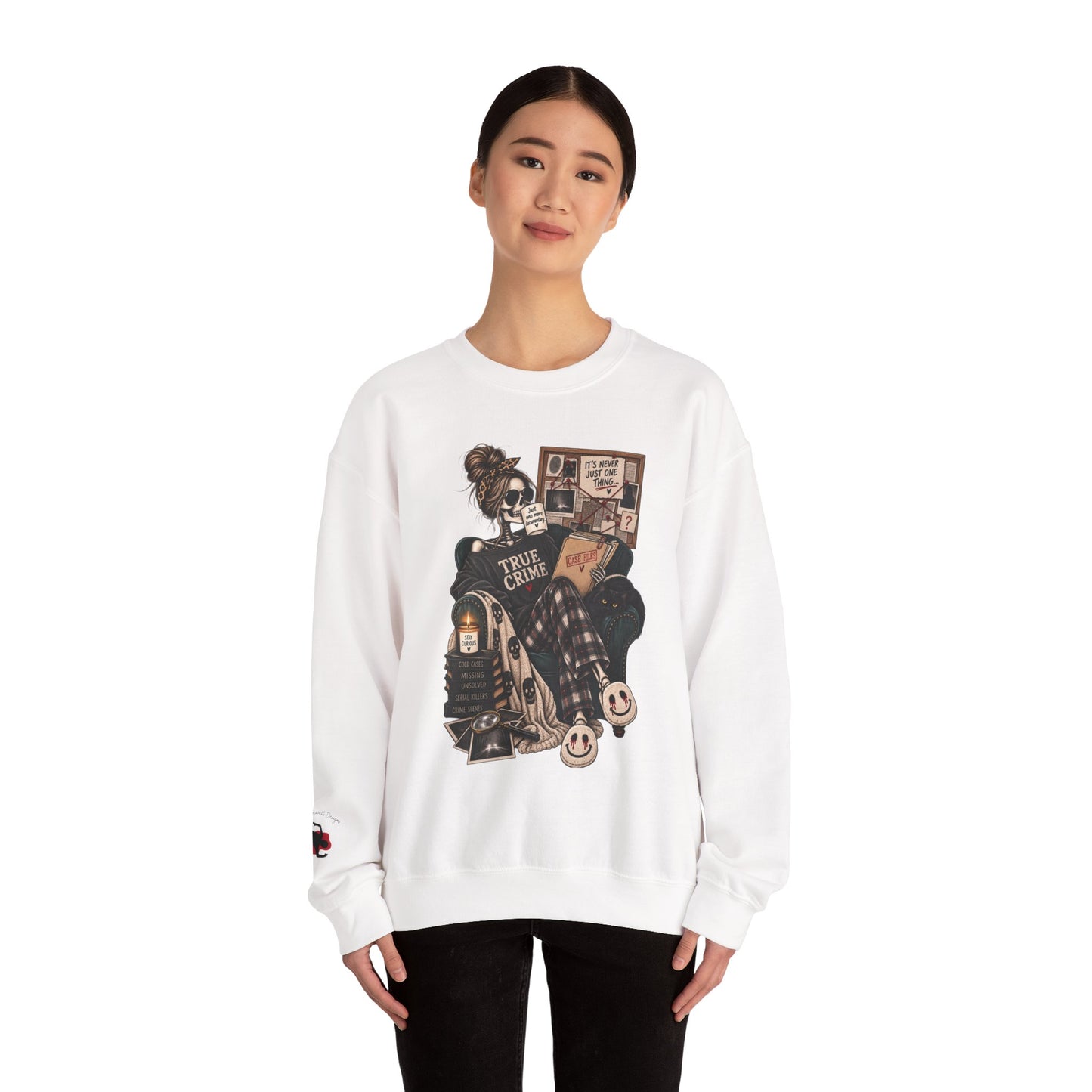 True Crime Cozy Sweatshirt — Girl Reading True Crime Graphic Crewneck
