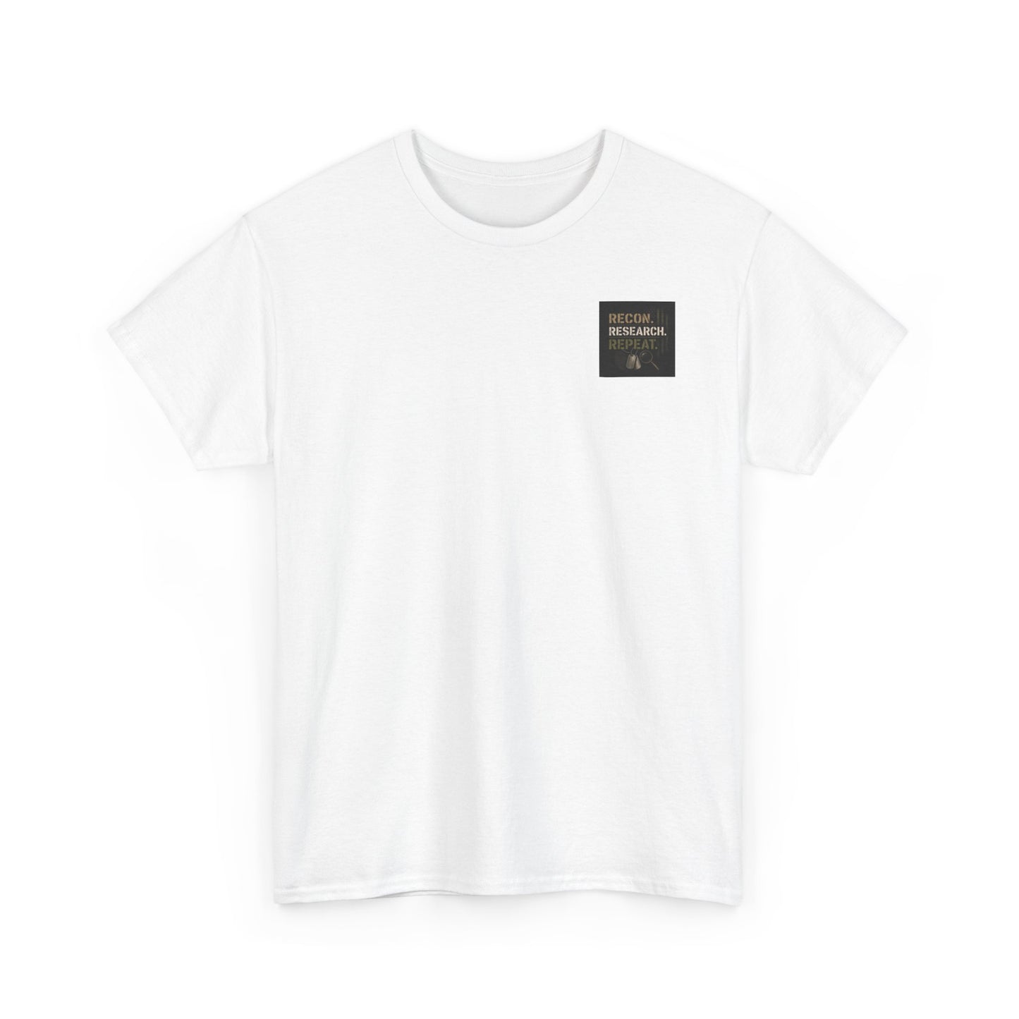 Recon Research Repeat T-Shirt — Military Recon & Magnifying Glass Graphic Tee
