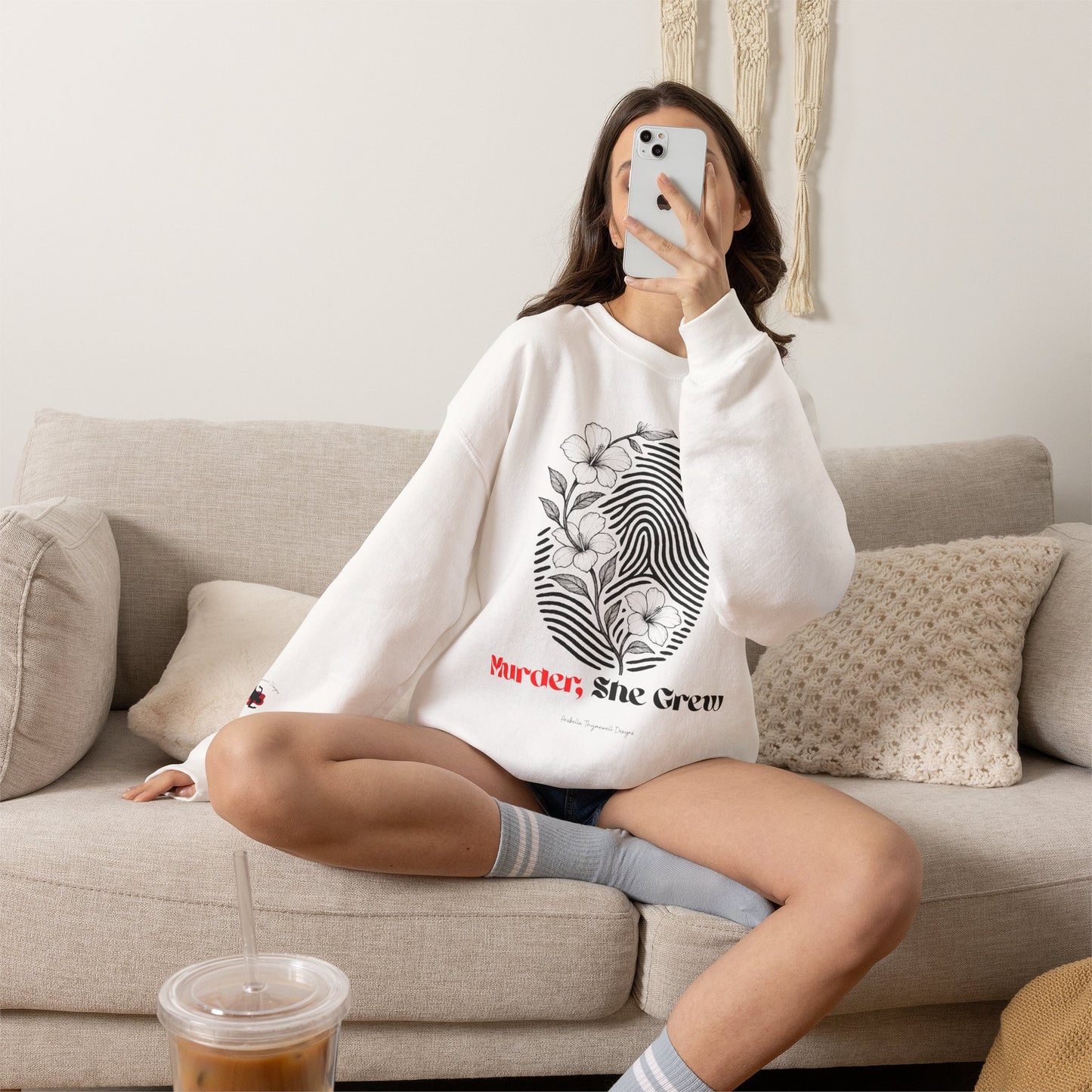 Crewneck Sweatshirt — 'Murder, She Grew' Floral Fingerprint Mystery Pullover