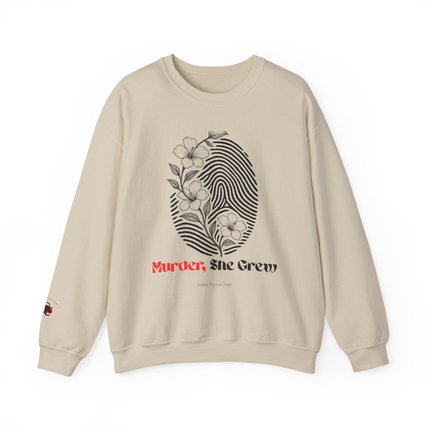 Crewneck Sweatshirt — 'Murder, She Grew' Floral Fingerprint Mystery Pullover