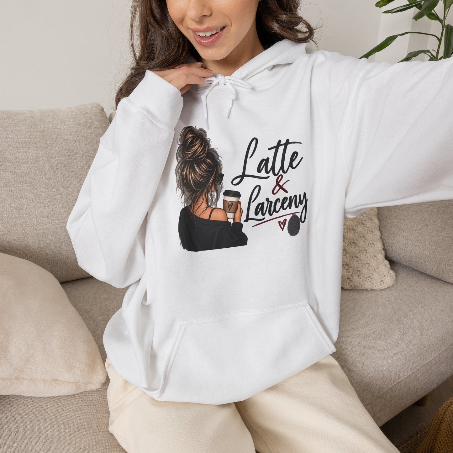 Latte & Larceny Hoodie — Cozy Coffee Lover Graphic Sweatshirt
