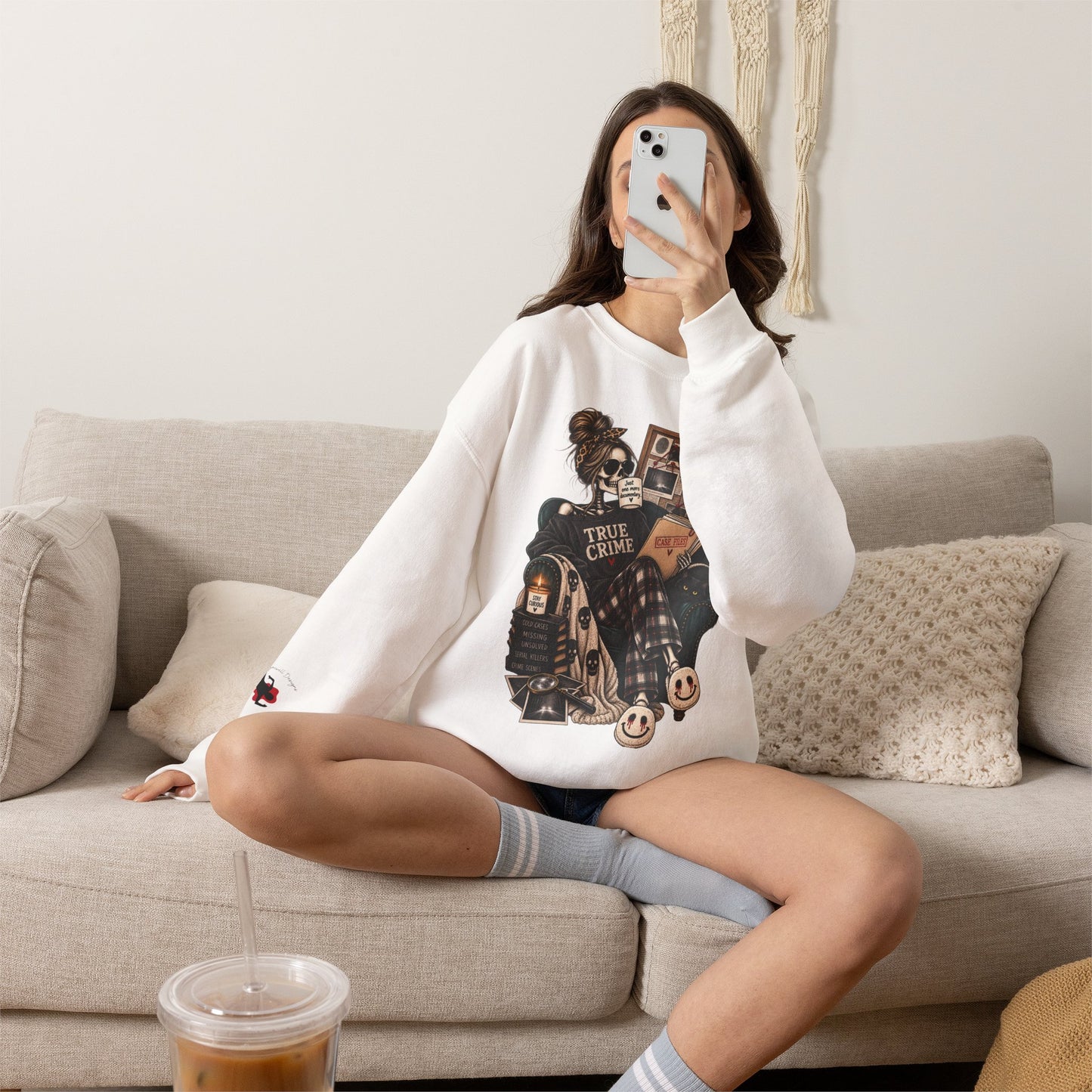 True Crime Cozy Sweatshirt — Girl Reading True Crime Graphic Crewneck