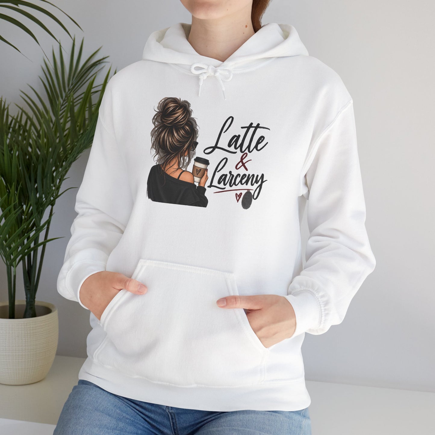 Latte & Larceny Hoodie — Cozy Coffee Lover Graphic Sweatshirt
