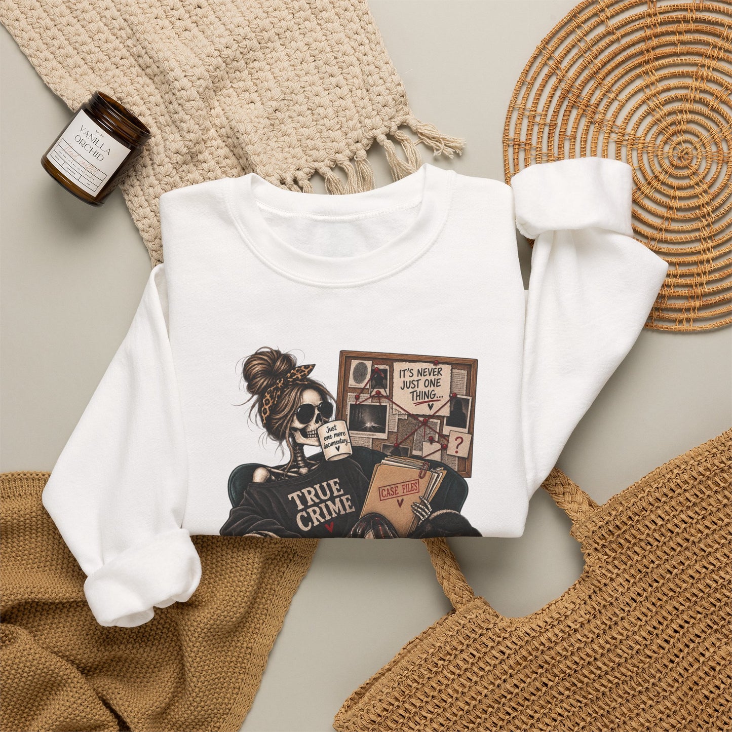 True Crime Cozy Sweatshirt — Girl Reading True Crime Graphic Crewneck