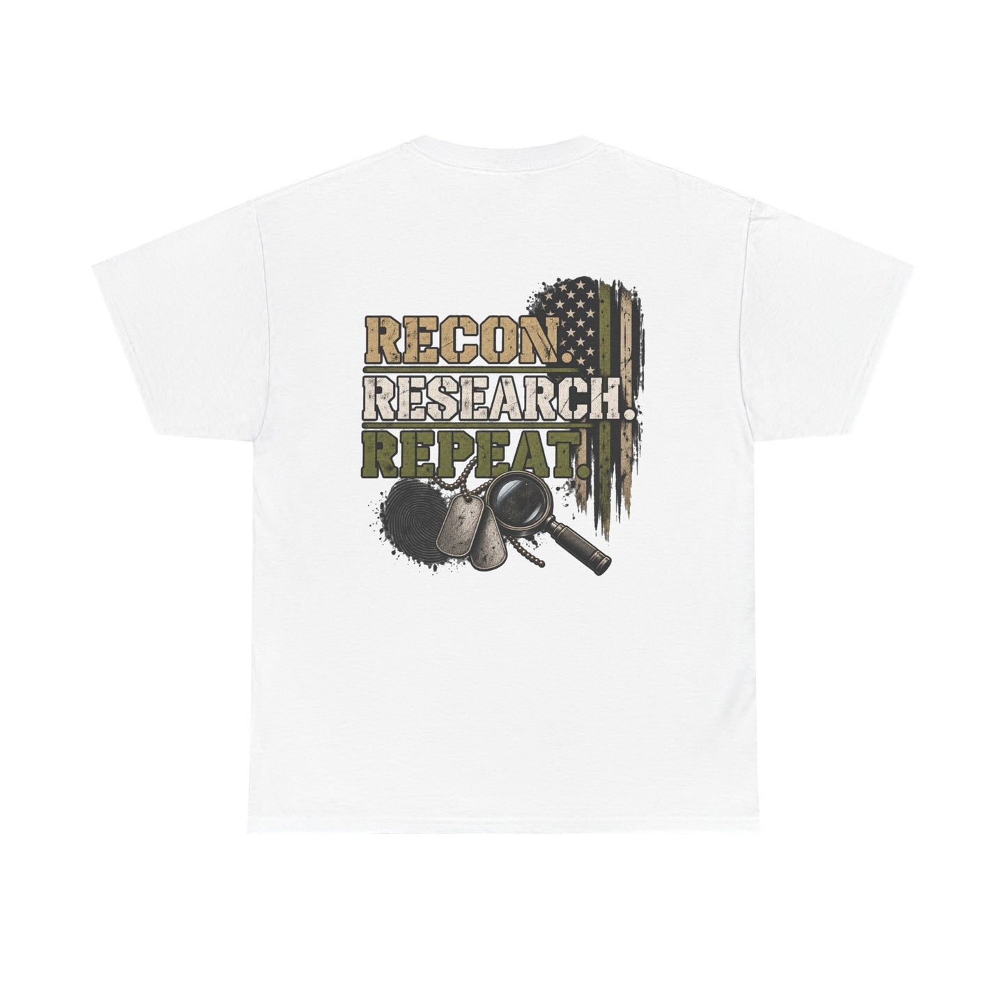 Recon Research Repeat T-Shirt — Military Recon & Magnifying Glass Graphic Tee