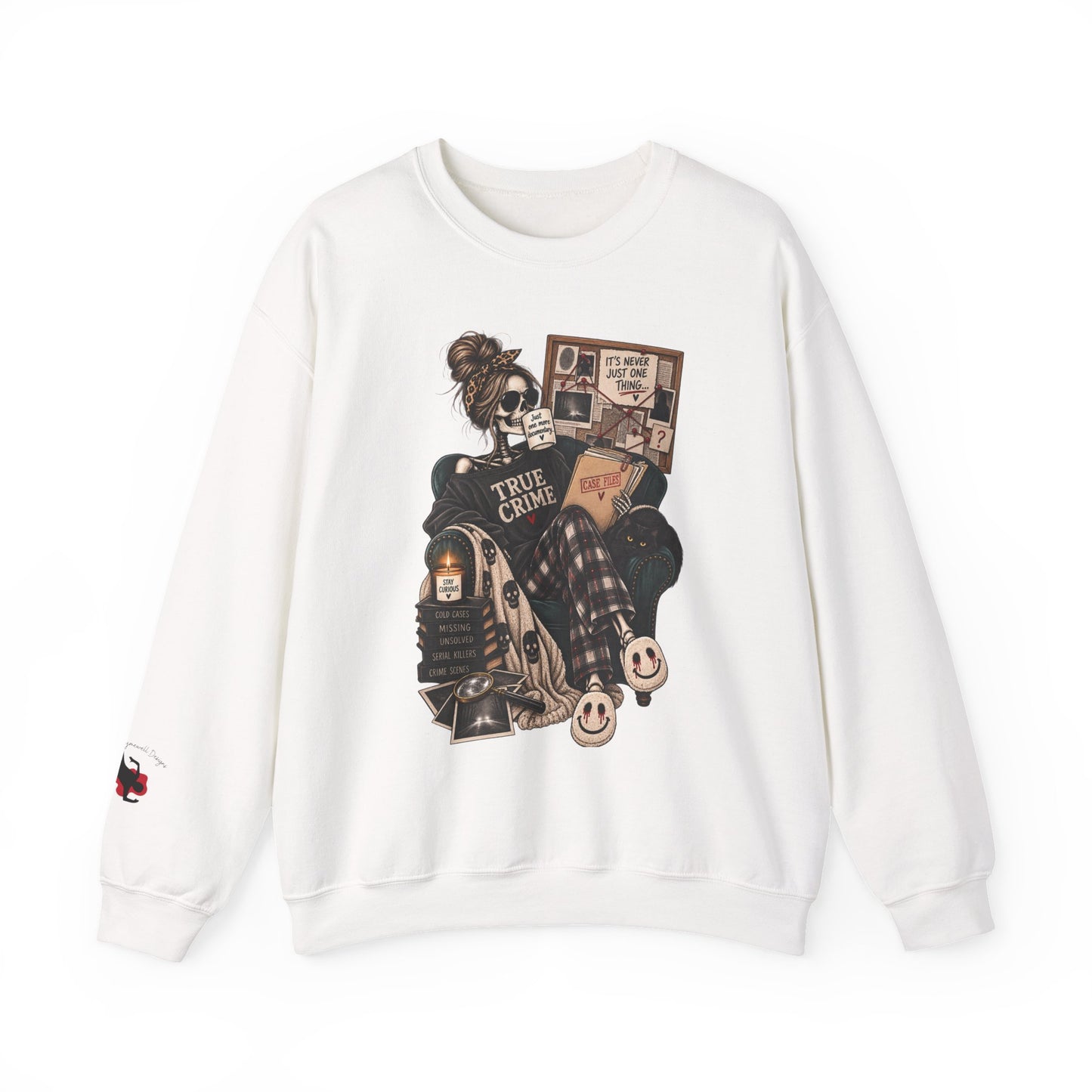 True Crime Cozy Sweatshirt — Girl Reading True Crime Graphic Crewneck