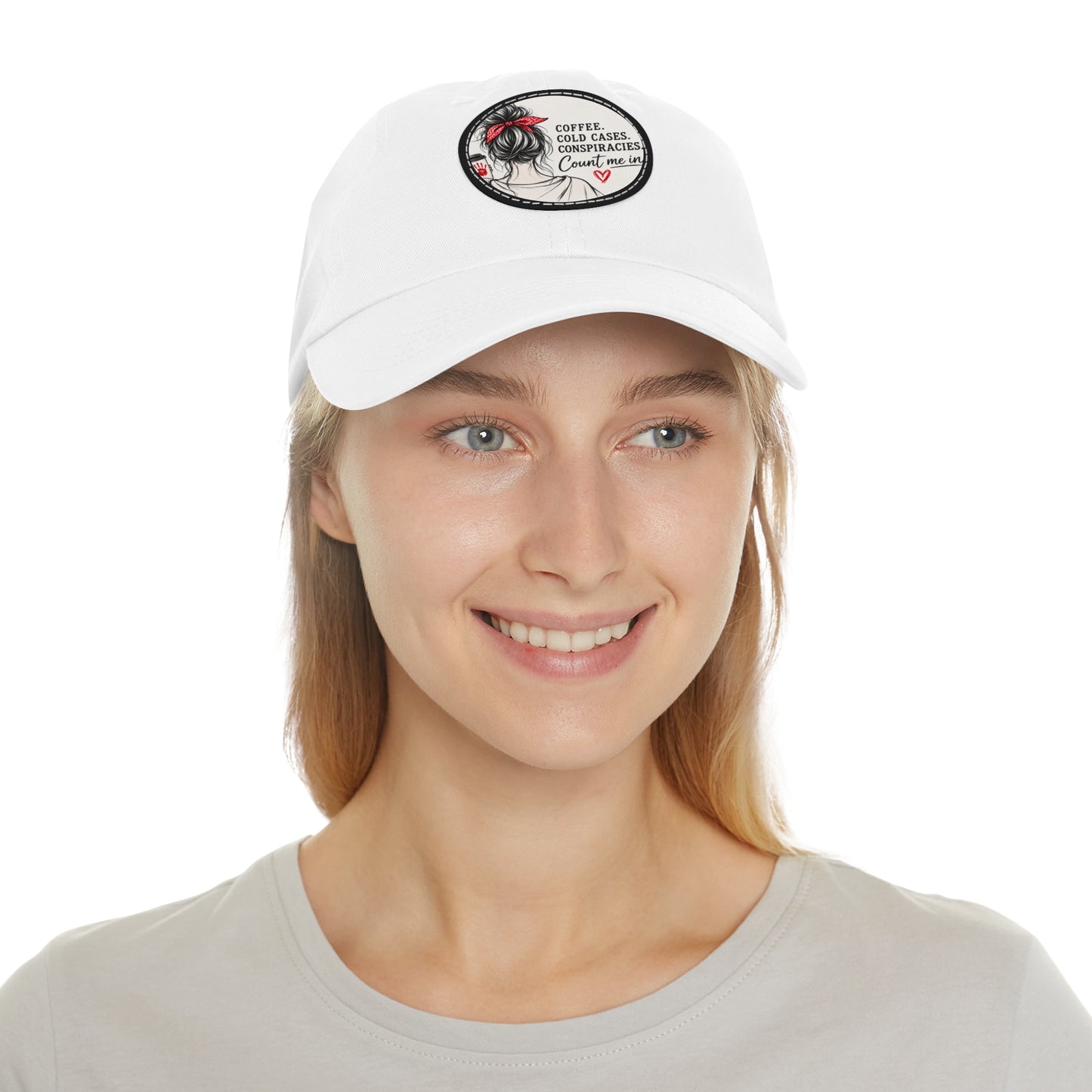 Dad Hat — “Coffee, Cold Cases, Conspiracies” Round Leather Patch