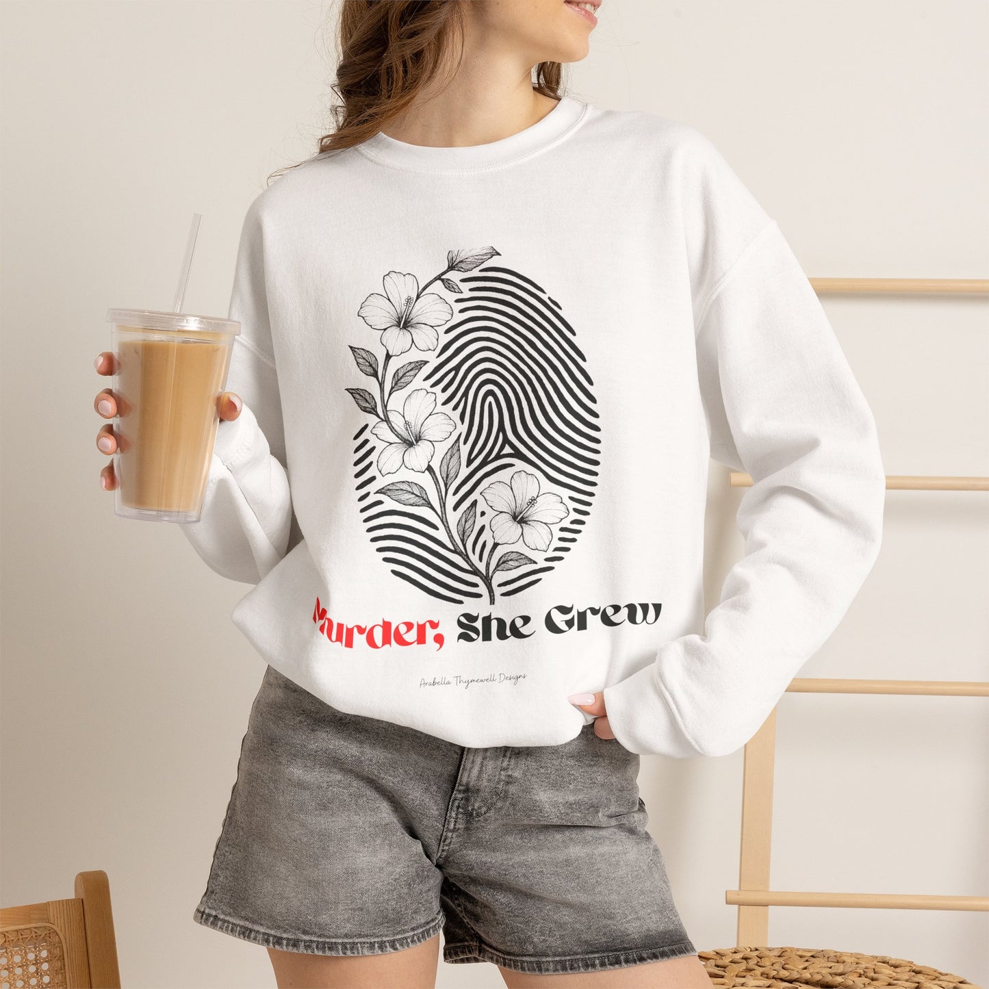 Crewneck Sweatshirt — 'Murder, She Grew' Floral Fingerprint Mystery Pullover