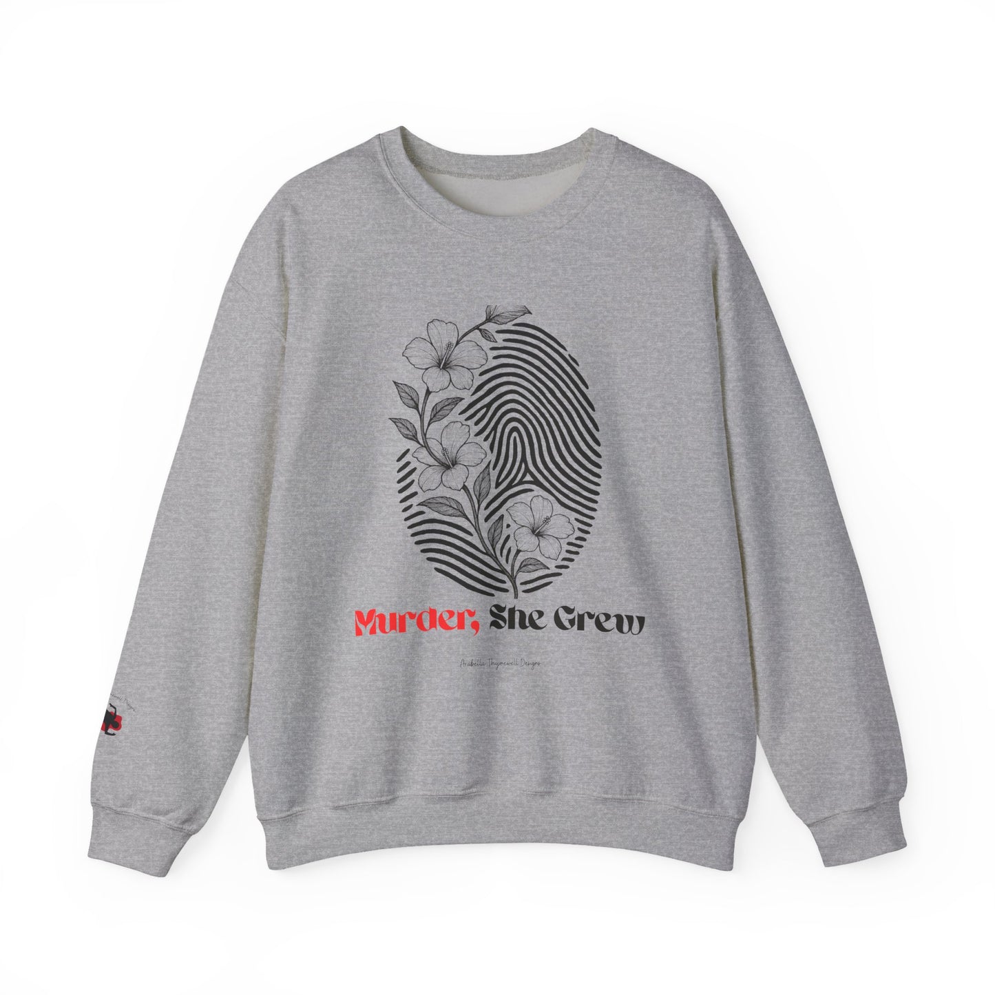 Crewneck Sweatshirt — 'Murder, She Grew' Floral Fingerprint Mystery Pullover