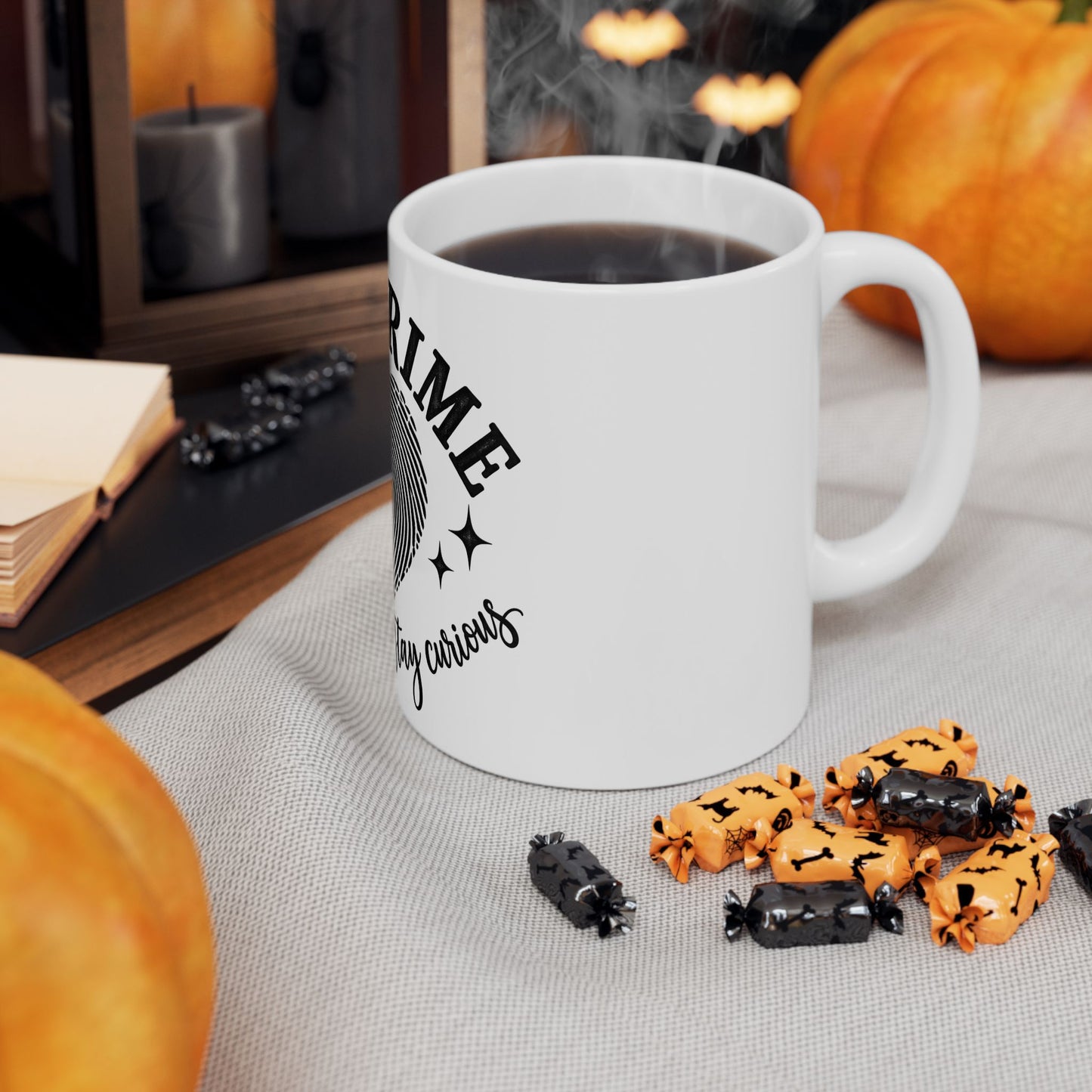 True Crime Mug — 'Ask Questions • Stay Curious' Ceramic Coffee Cup (11oz & 15oz)