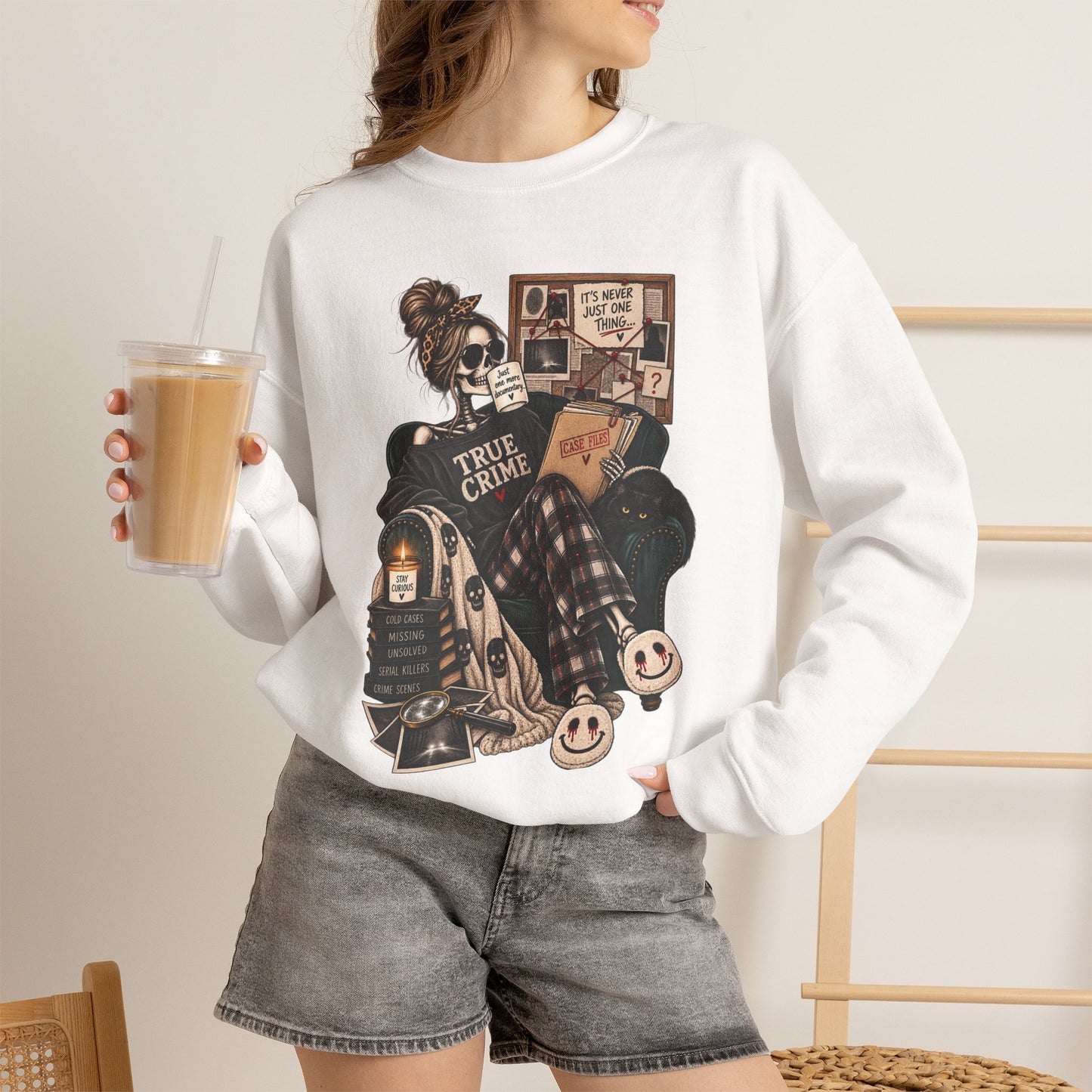 True Crime Cozy Sweatshirt — Girl Reading True Crime Graphic Crewneck
